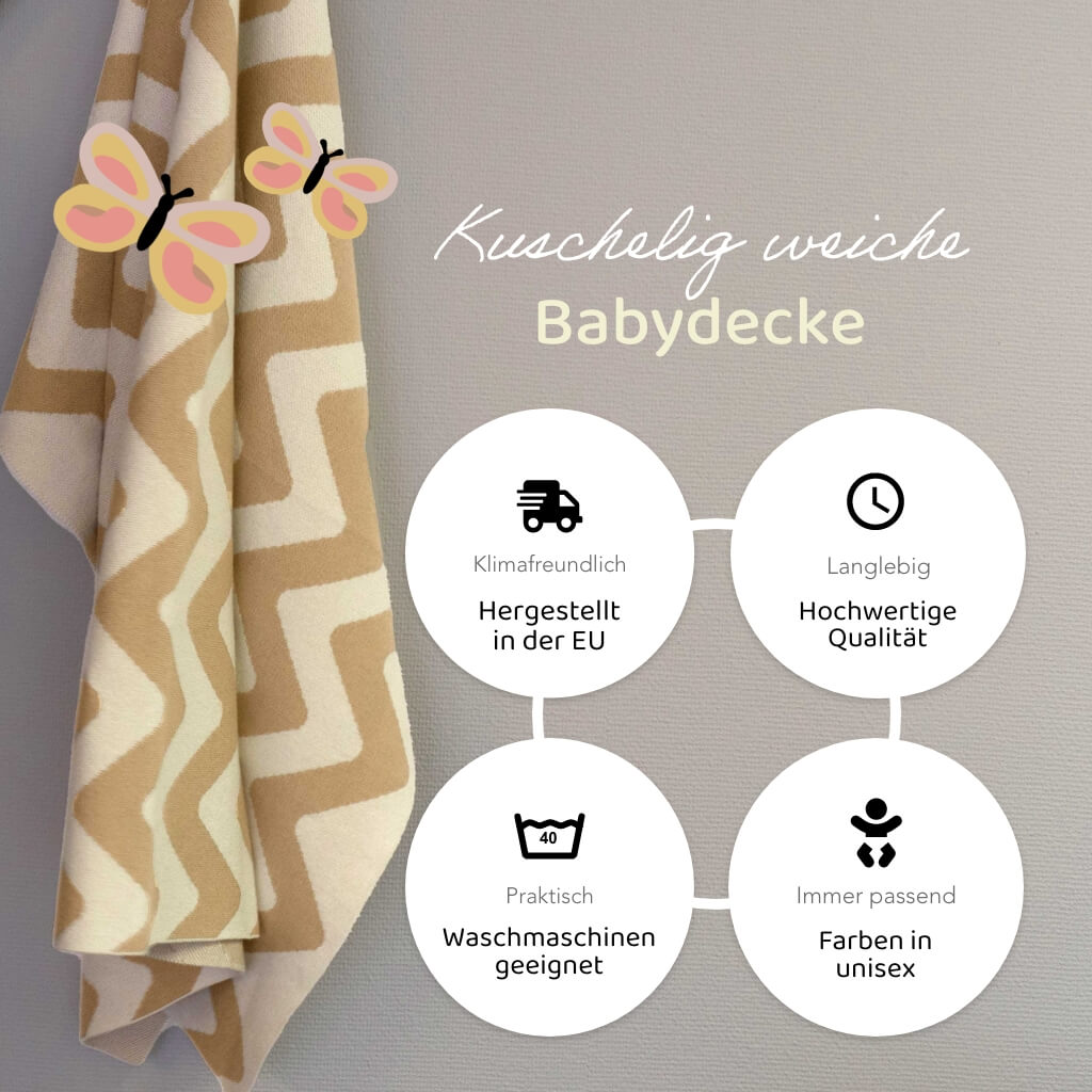 Gestreifte Kuscheldecke Babys mit Zickzack Muster in creme-weiss & beige - klimafreundlich hergestellt, hochwertig, maschinenwaschbar, unisex