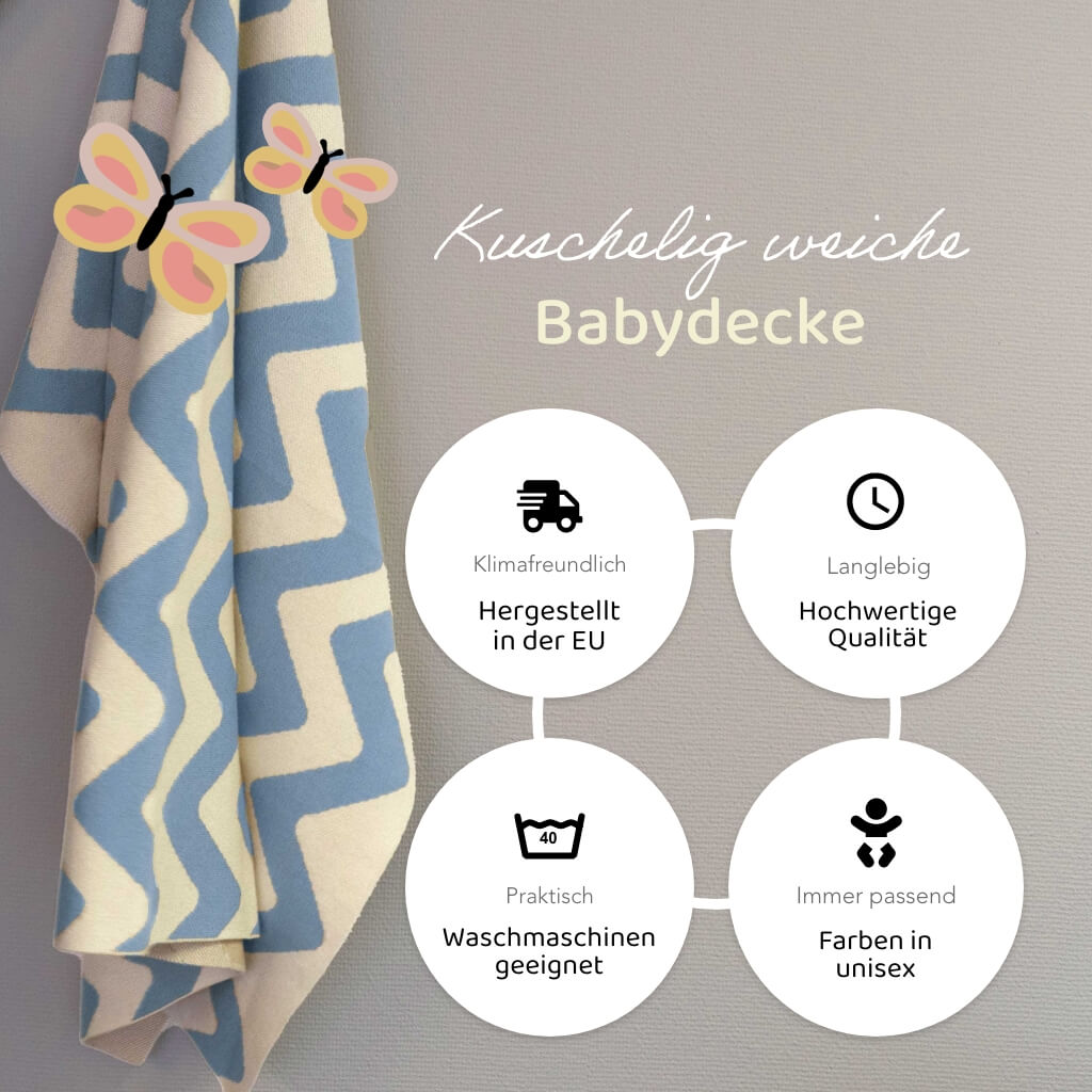 Gestreifte Kuscheldecke Babys mit Zickzack Muster in creme-weiss & blau - klimafreundlich hergestellt, hochwertig, maschinenwaschbar, unisex
