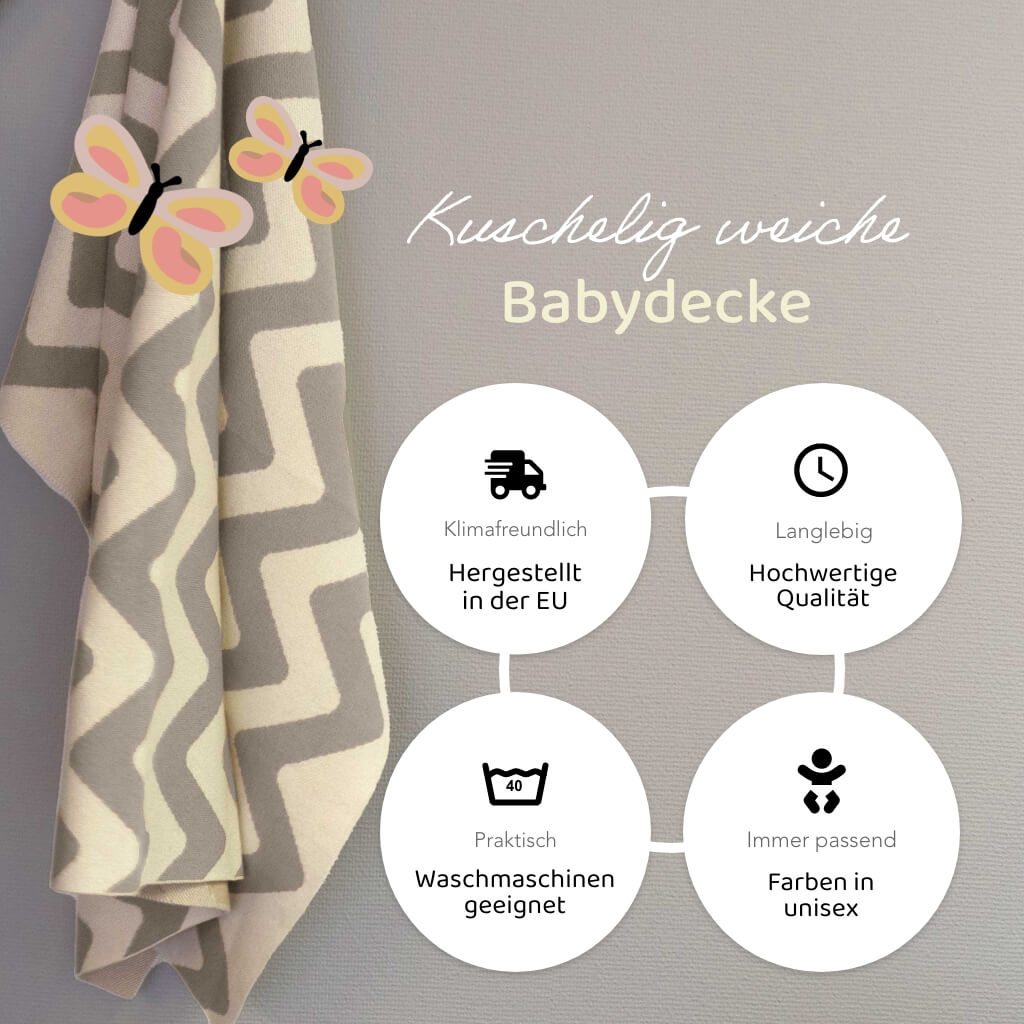 Gestreifte Kuscheldecke Babys mit Zickzack Muster in creme-weiss & grau - klimafreundlich hergestellt, hochwertig, maschinenwaschbar, unisex