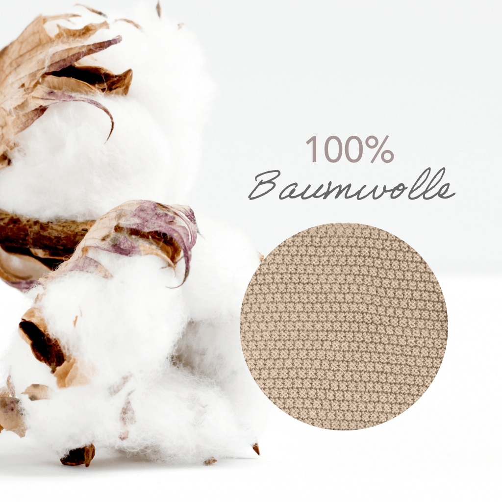 Nahaufnahme Baumwollpflanze und Struktur der beigen Strickdecke  von Kinderzimmer.de aus 100% Baumwolle