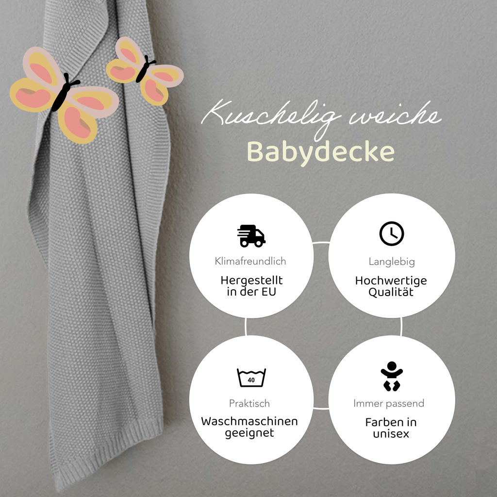 kuschelig weiche Strickdecke Baby in grau hängt von oben, dekoriert mit kindlicher Illustration, waschmaschinengeeignet, schneller Versand