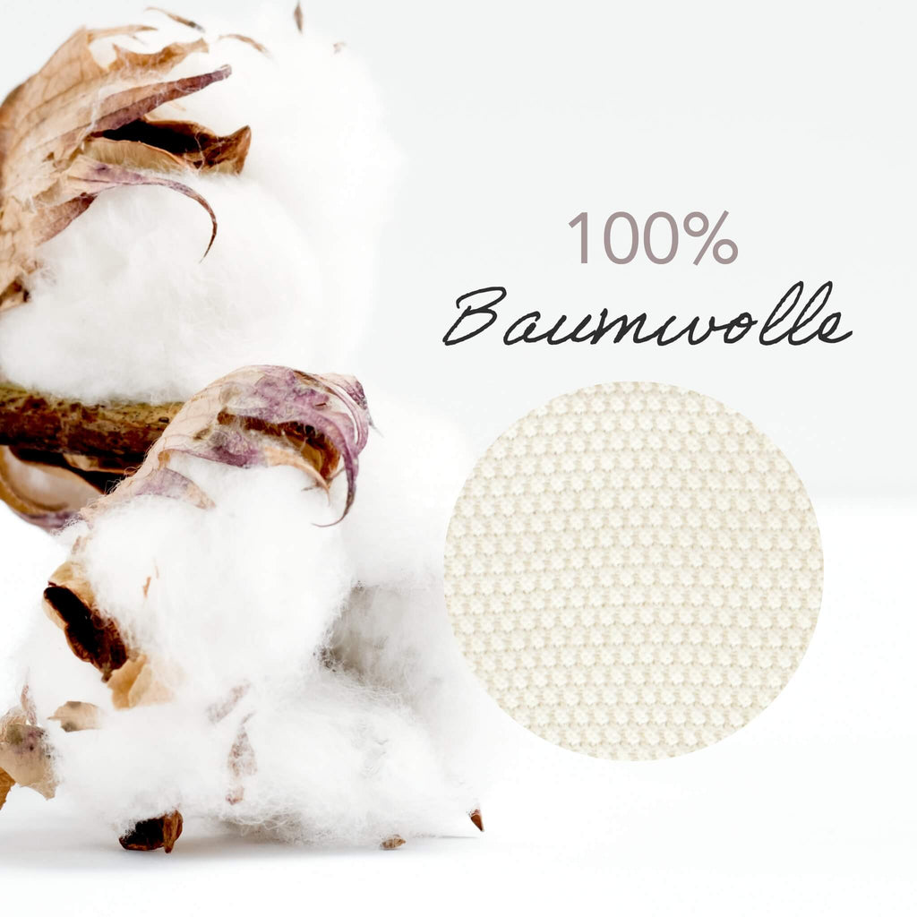 Nahaufnahme Baumwollpflanze und Struktur der crème-weissen Strickdecke von Kinderzimmer.de aus 100% Baumwolle