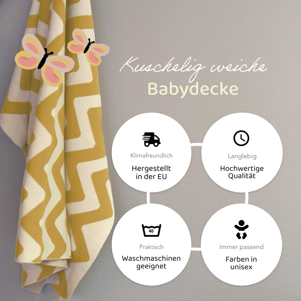 Gestreifte Kuscheldecke Babys mit Zickzack Muster in creme-weiss & senfgelb - klimafreundlich hergestellt, hochwertig, maschinenwaschbar, unisex