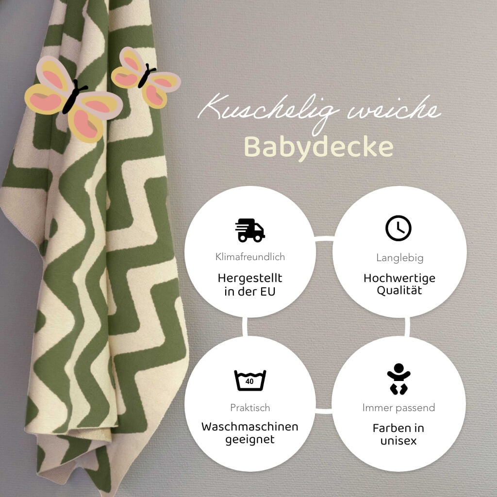 Gestreifte Kuscheldecke Babys mit Zickzack Muster in creme-weiss & oliv - klimafreundlich hergestellt, hochwertig, maschinenwaschbar, unisex